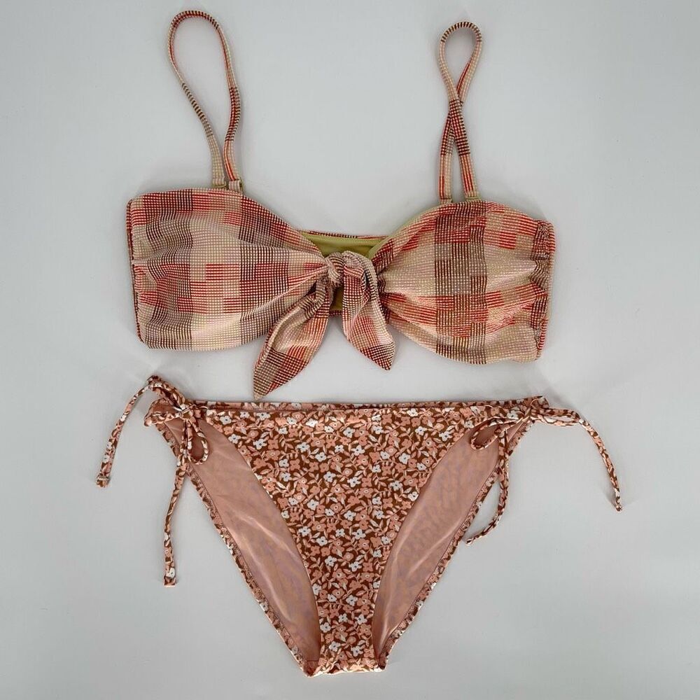 Aerie Patchwork Bandeau Top Cheeky Side Tie Floral Swimsuit Set Pink Brown XXL